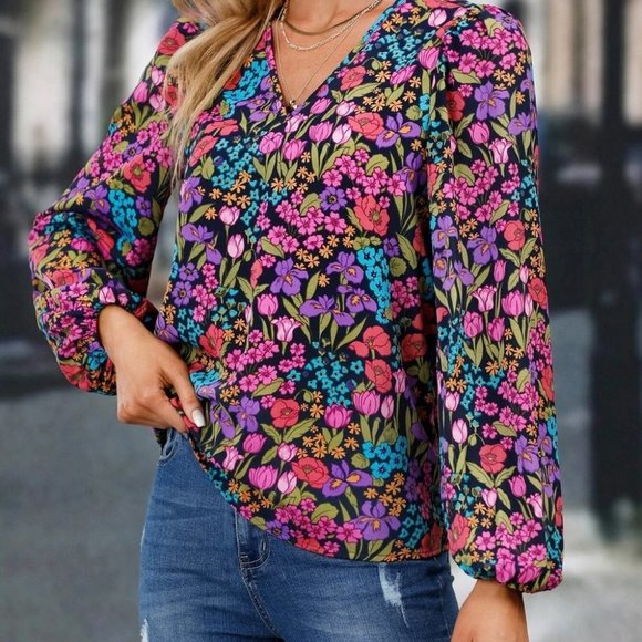 Multicolor Preppy Womens Allover Floral Print Lantern Sleeve Blouse - Picture 3 of 5